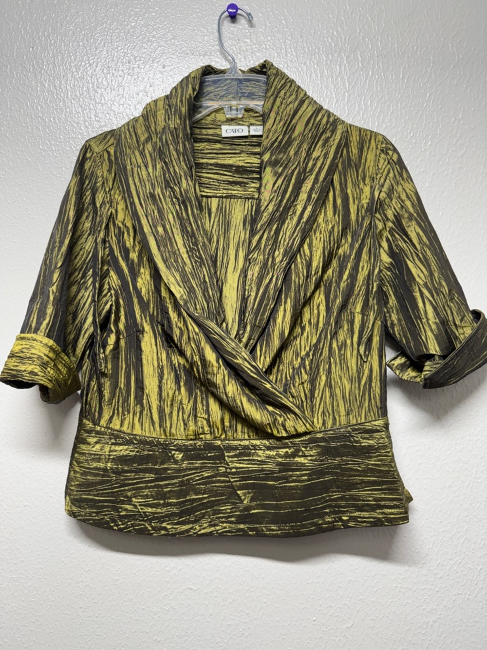 Cato Olive Green Shimmer Draped Short Sleeve Pullover Jacket Top